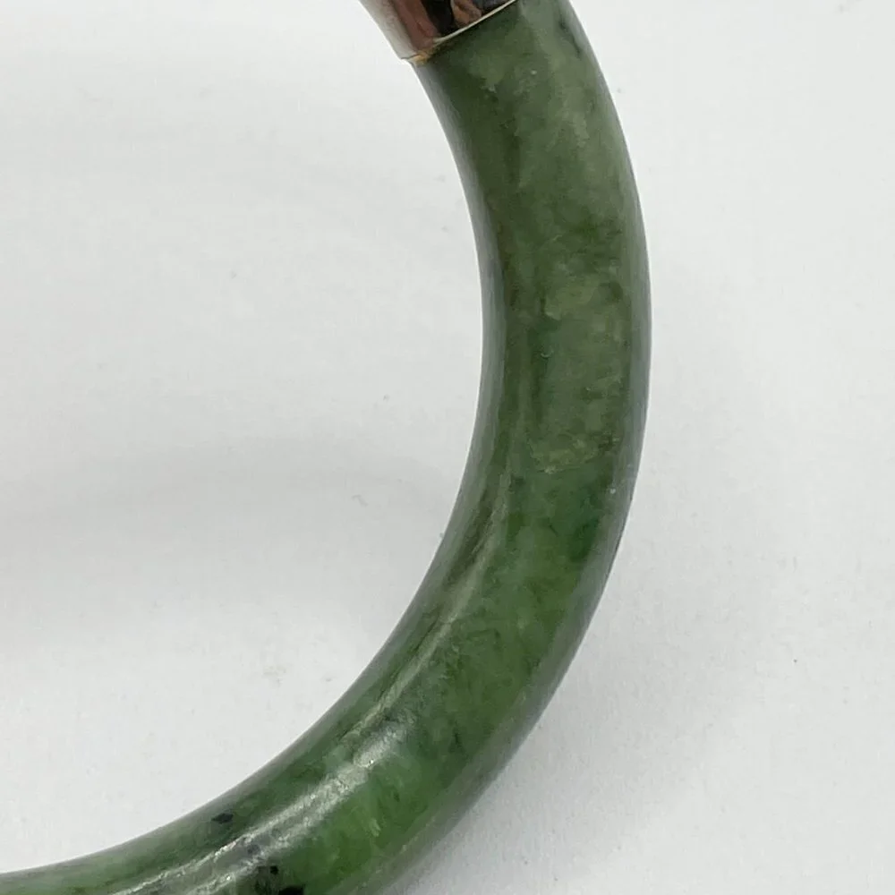 Vintage Spinach Green Nephrite Jade Bangle Bracelet Hinged 10K Gold Plate Caps